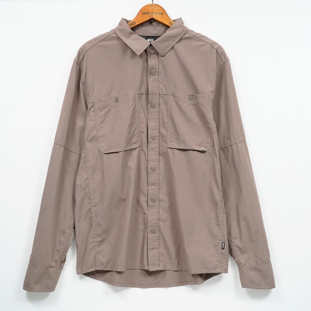 REI Co-op Nylon Hiking Shirt Men's Medium Baige Roll Tab Sleeve Outdoor Fishing